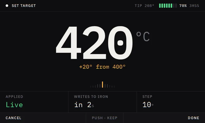 Setting the target screen: Turning the knob. 420, twenty degrees up from 400, and a two second grace period before anything is written to the iron.