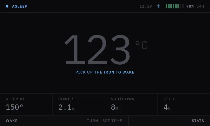 Asleep screen: Dropped to the sleep temperature after four minutes still. It says what will wake it and how long until it shuts down.