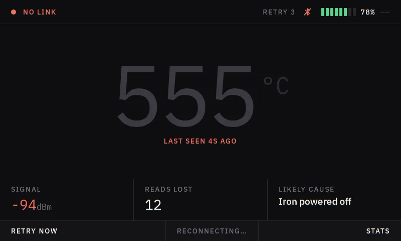 No link screen: The link to the iron is down. Last seen, signal strength, reads lost, and a guess at the cause, instead of a spinner.