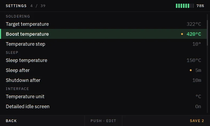 Settings screen: Thirty-nine settings, grouped and numbered, with a count of unsaved changes sitting on the right softkey.