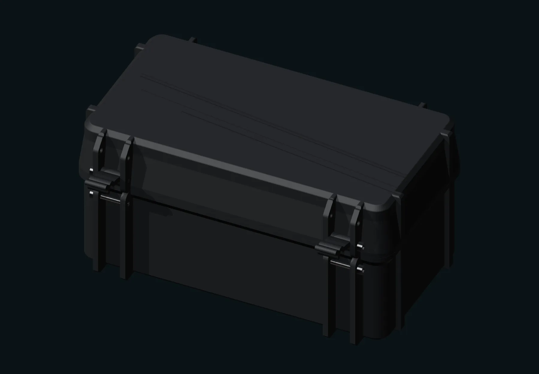 The case shut: a rounded rectangular printed shell with a latch at each end and a hinge along one long side.
