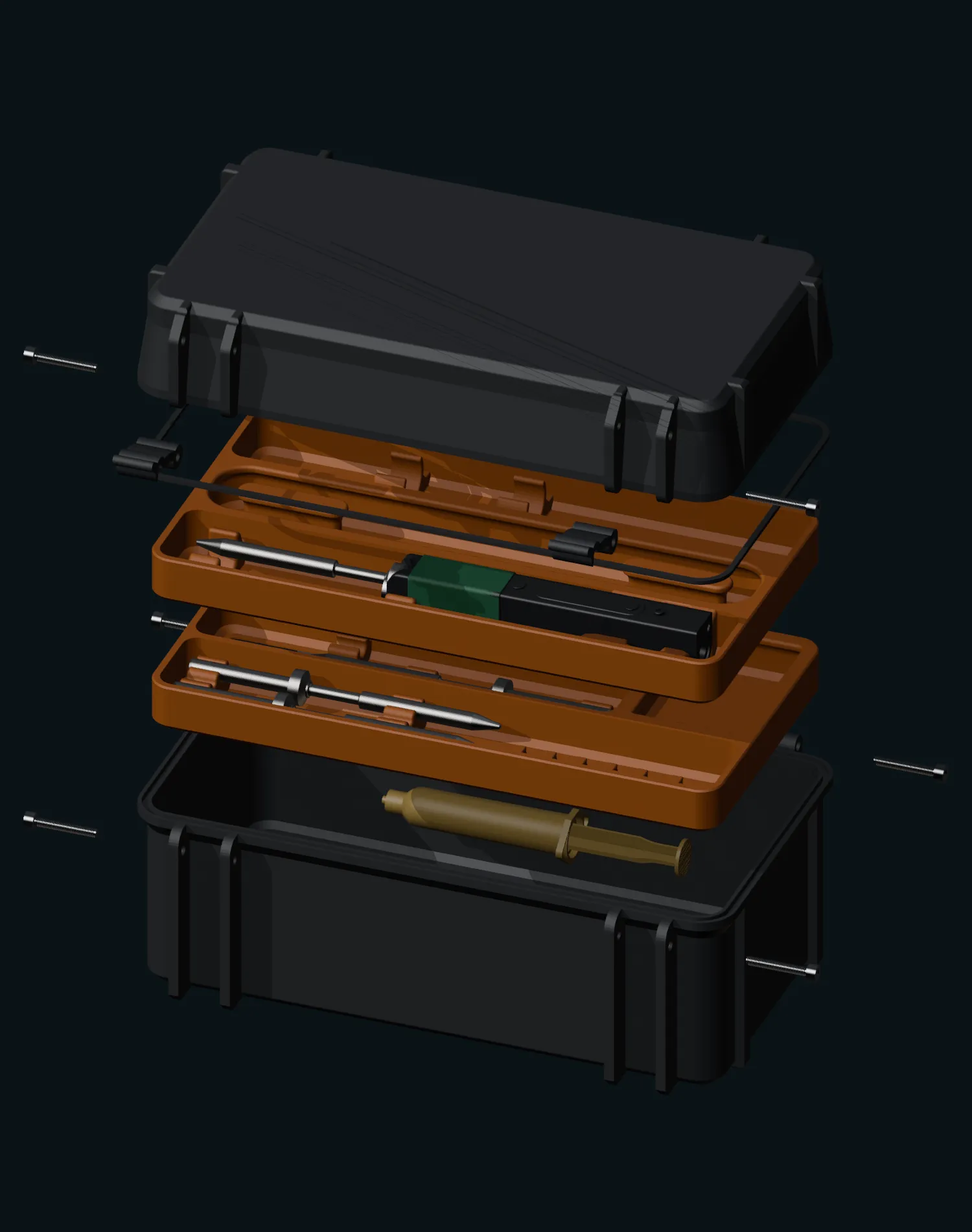 The whole case drawn apart vertically: tub at the bottom, then the lower tray, the upper tray carrying the iron, and the lid assembly floating above.