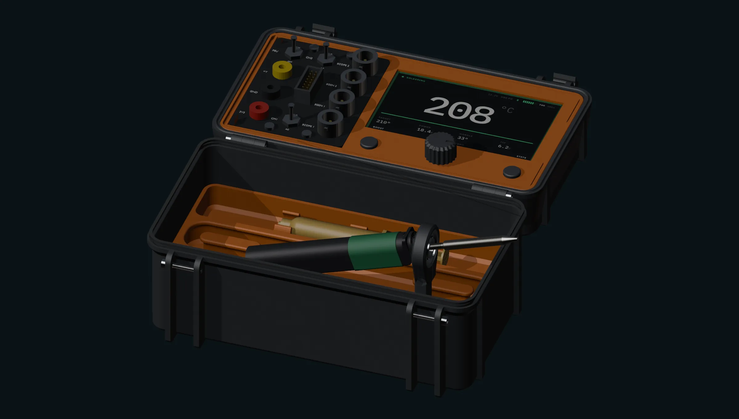The case open on a bench, the lid carrying a 4.3 inch display reading 208 degrees C, the soldering iron docked nose-down in a printed stand that rises out of the upper tray.