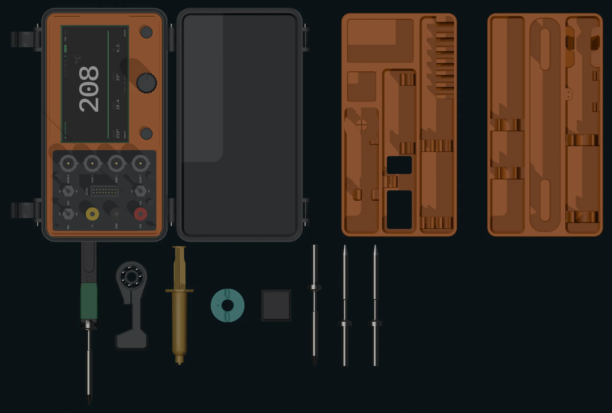 Flat lay from directly above: the lid, the empty tub, and both trays in a row, with the iron, bearing, stand, flux syringe, solder reel, item lid and three spare tips laid out in front of them.