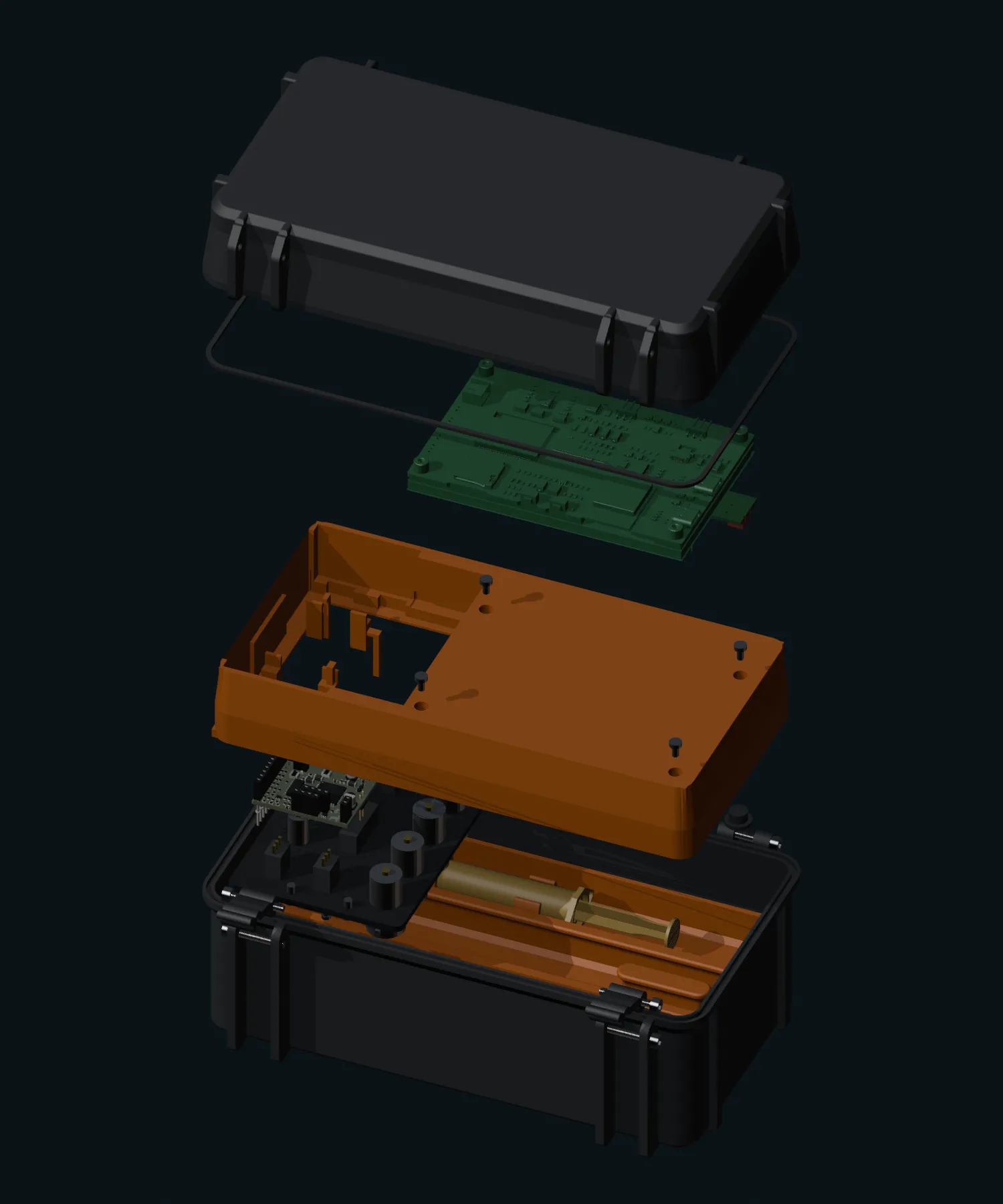 The lid assembly drawn apart in reverse assembly order: outer shell, display carrier, the Waveshare display board, the control PCB, and the encoder and button caps below.