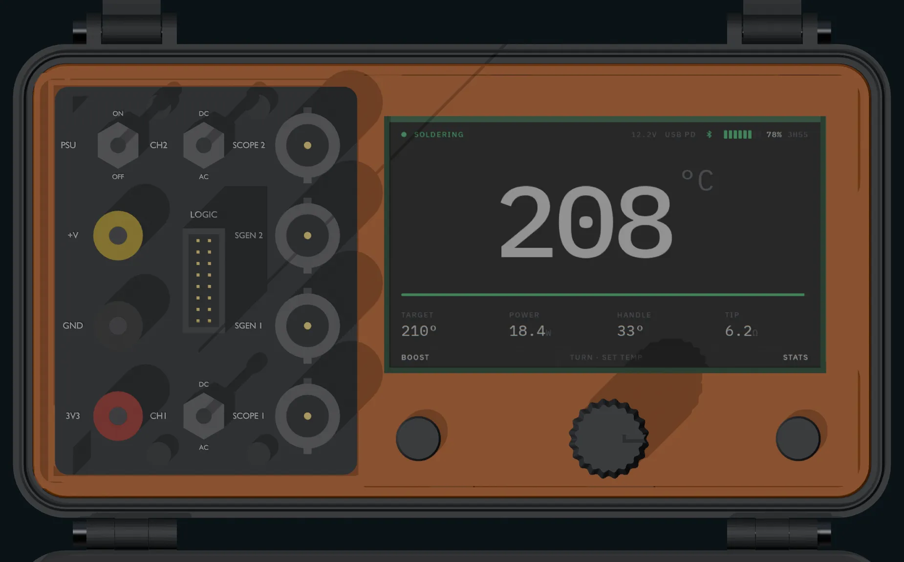 Straight down on the open lid, showing the recessed display reading 208 degrees C, the encoder knob and two softkeys beside it.