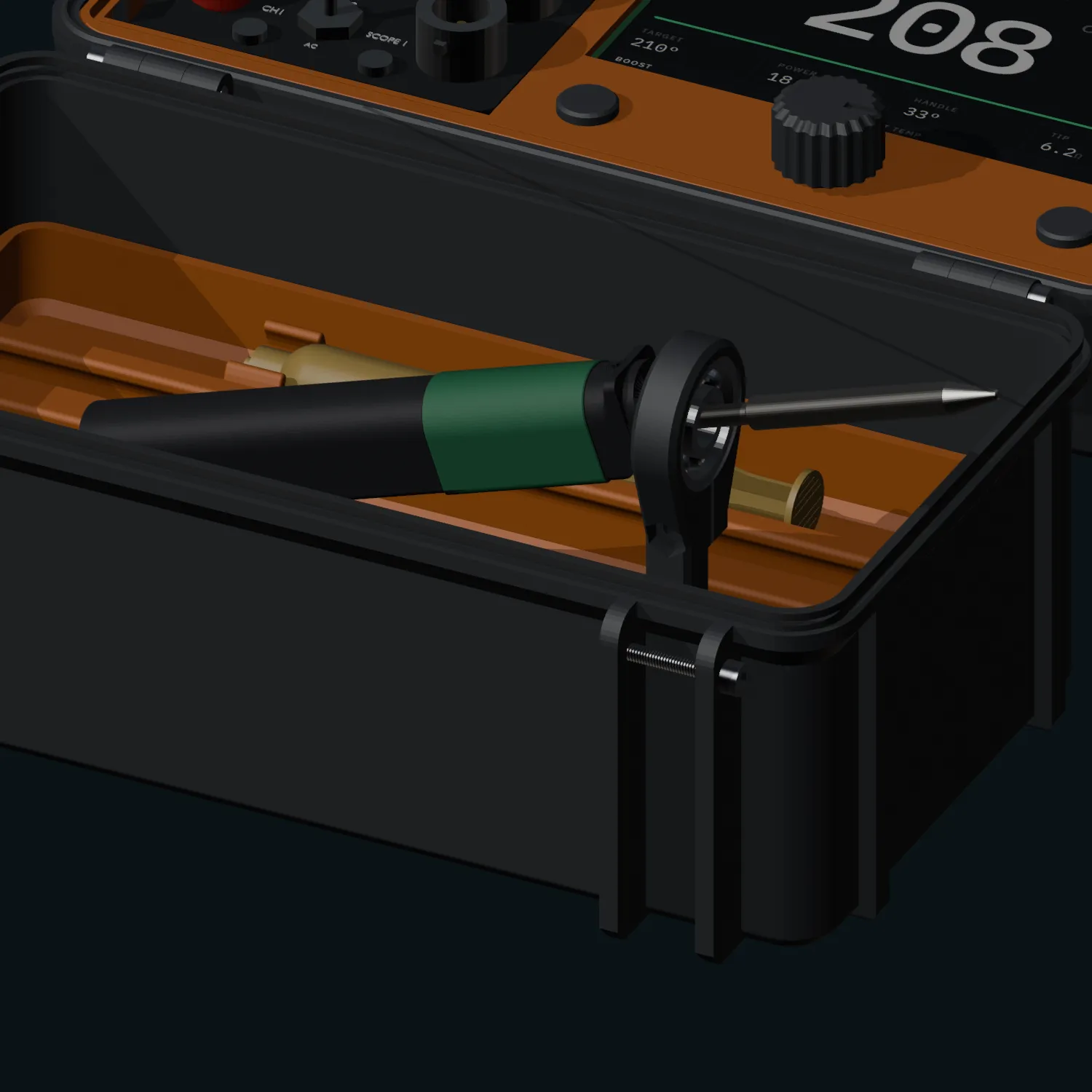 Close view of the iron resting nose-down in the printed stand, its barrel wedged into a 608 skate bearing that forms the ring.