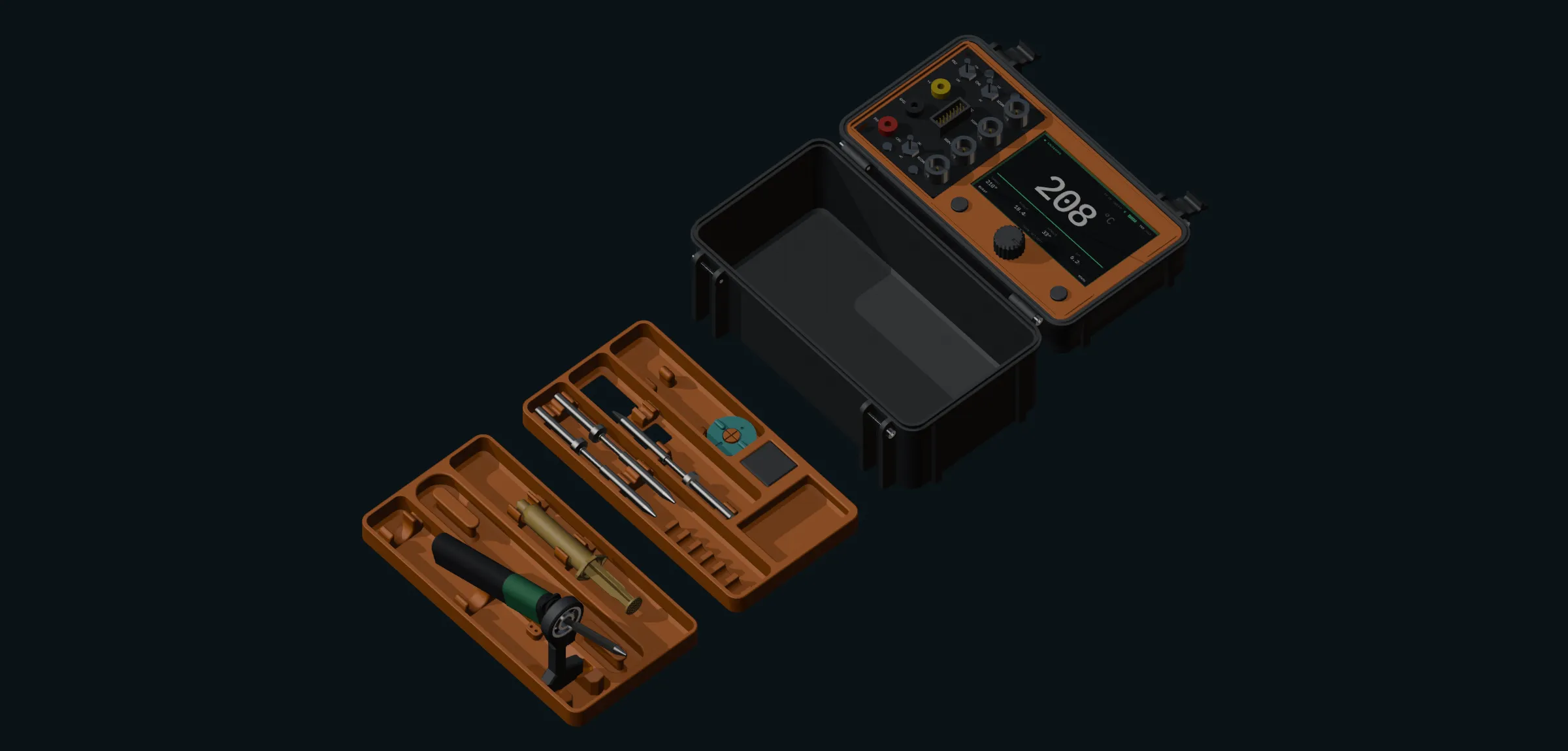 The case open and empty with both trays lifted out and set on the bench beside it, the upper tray with its stand deployed and the iron docked.