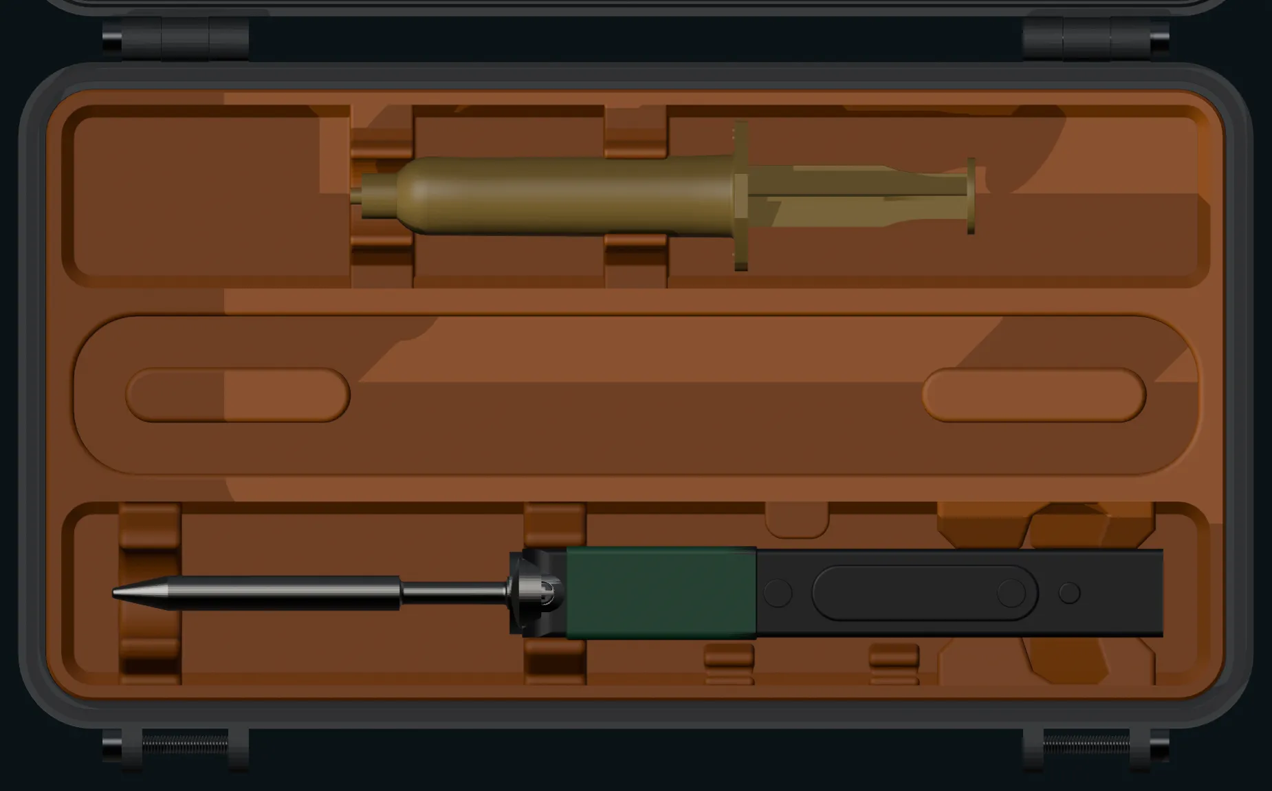 Straight down into the loaded tub, showing the upper tray with the iron in its clips, the flux syringe, spare tips and the solder reel.